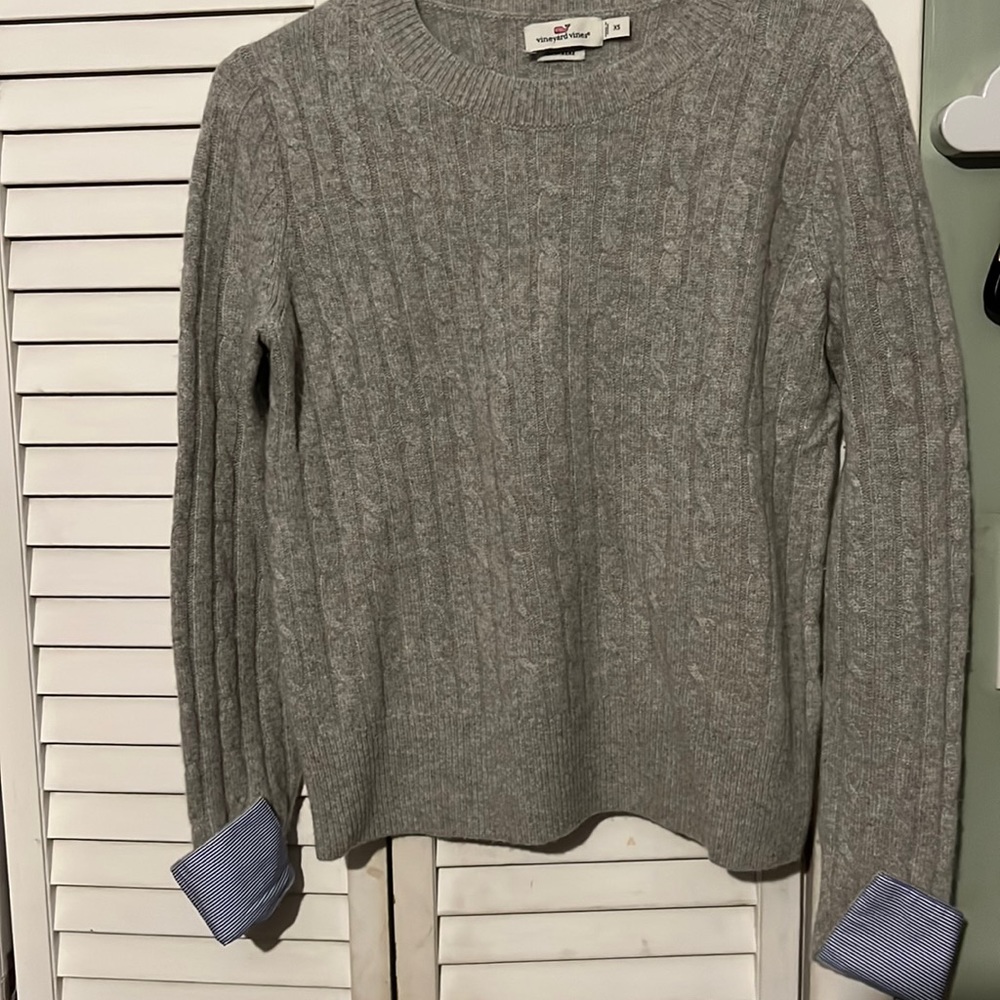 Gray cashmere when you’re by sweater with blue pinstripe cuff